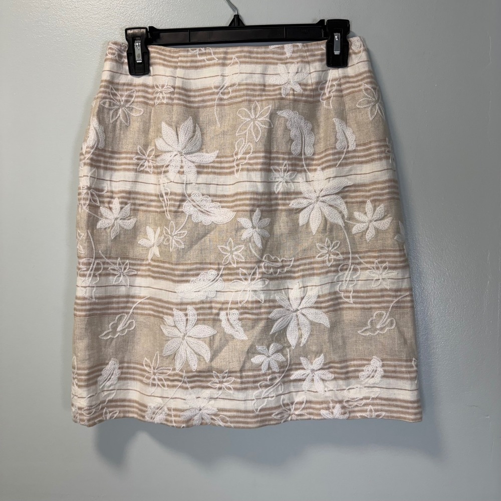 Talbots Petites Irish Linen Floral Embroidered Striped Pencil Skirt Tan White 6P